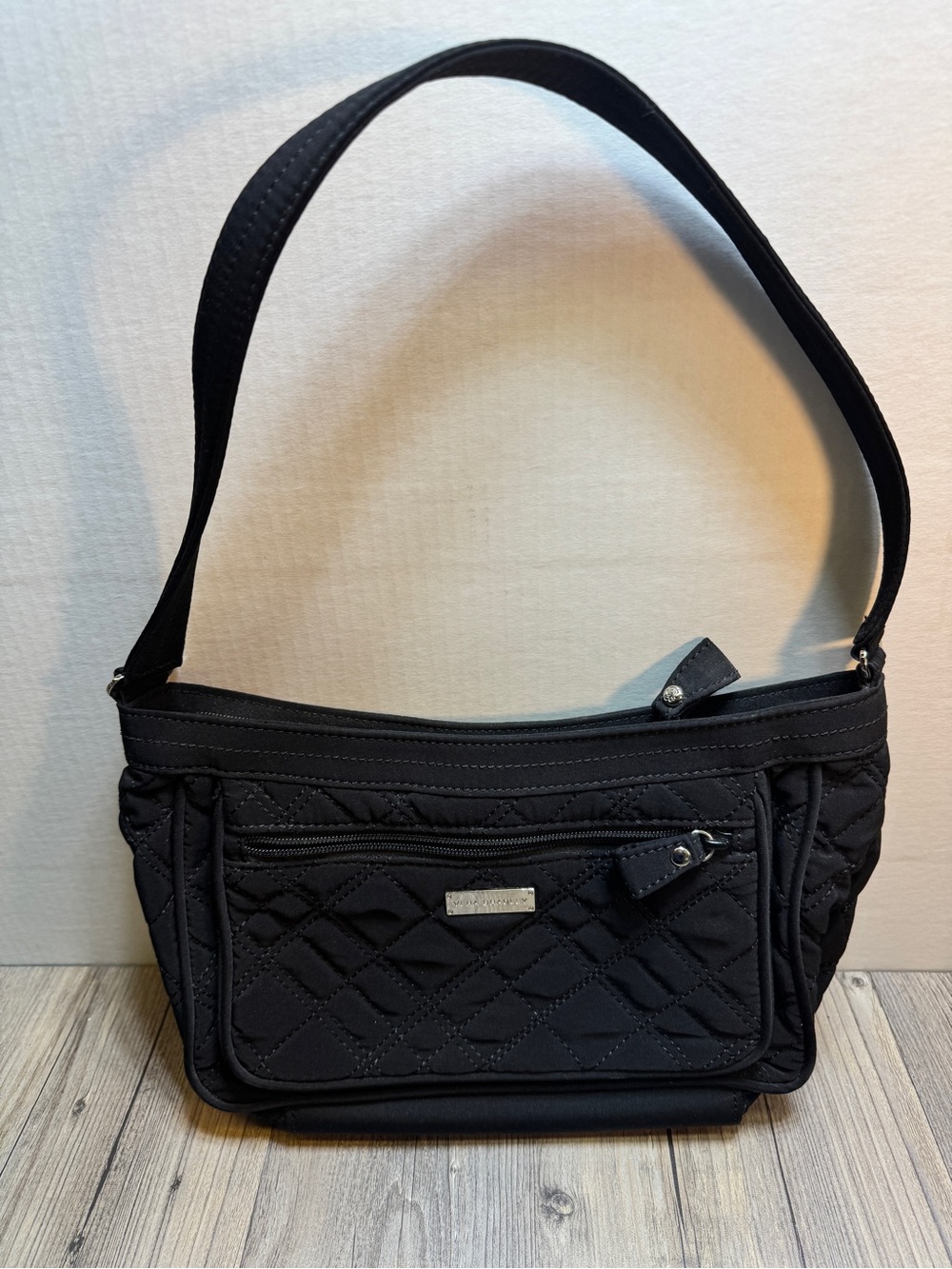 Vera Bradley Designer Pocket Shoulder Bag Purse Black Quilted Zebra Lining